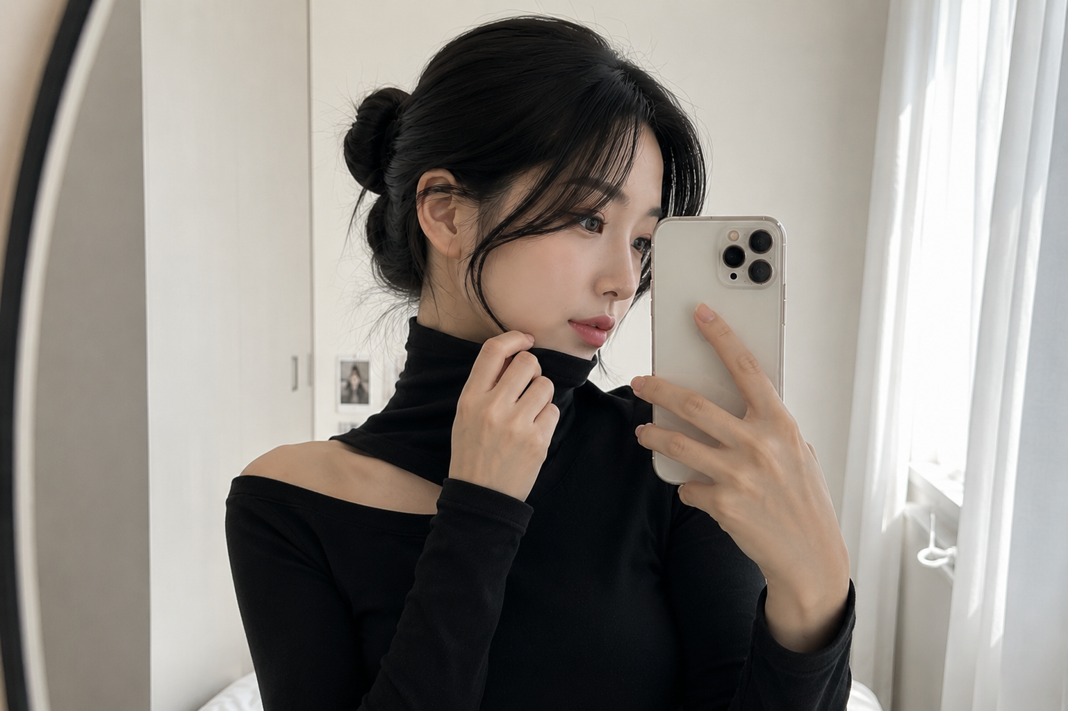 셀카를 찍으려다 목을 손으로 가리는 여성